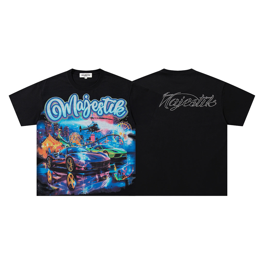 MAJESTIK Black Vintage Cyber Fantasy Cityscape Band‑Style Graphic T‑Shirt