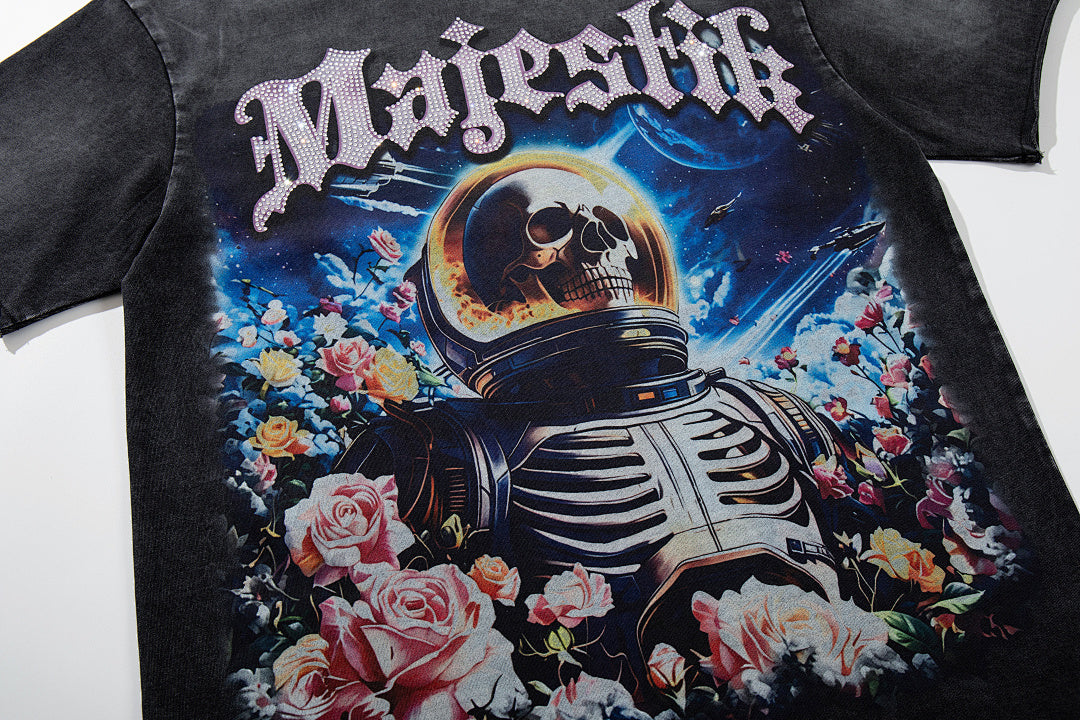 MAJESTIK Black Washed Vintage Astronaut Floral Double‑Sided Graphic Band‑Style T‑Shirt