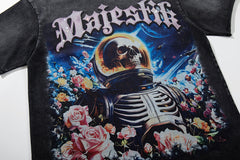 MAJESTIK Black Washed Vintage Astronaut Floral Double‑Sided Graphic Band‑Style T‑Shirt