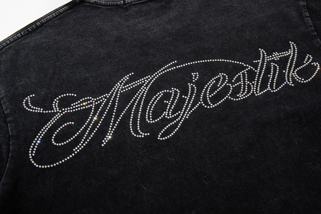 MAJESTIK Black Washed Vintage Motorcycle Racing Graphic Band‑Style T‑Shirt