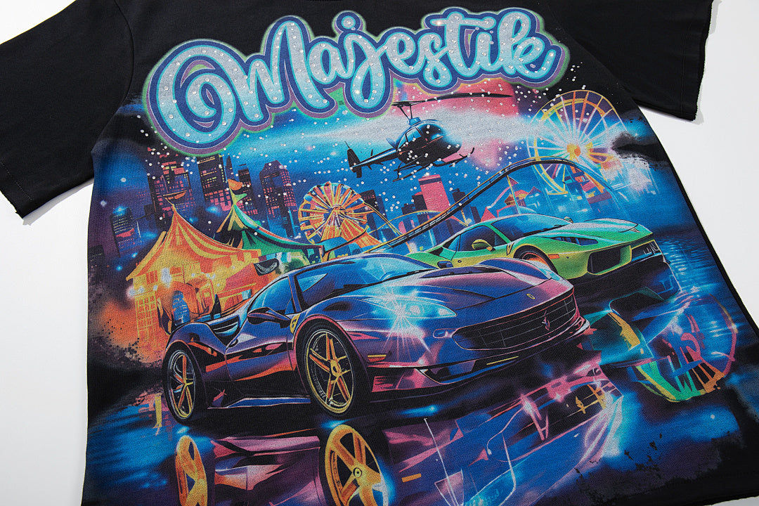 MAJESTIK Black Vintage Cyber Fantasy Cityscape Band‑Style Graphic T‑Shirt