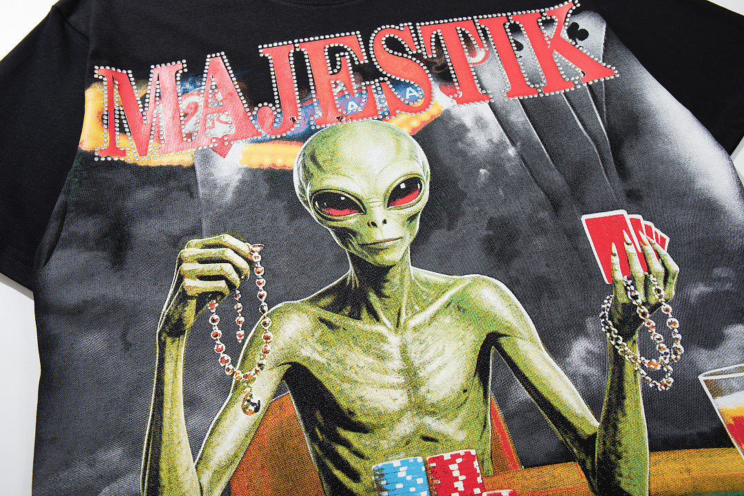 MAJESTIK Vintage Black Majestik Alien Graphic Short‑Sleeve T‑Shirt