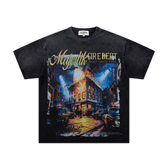 MAJESTIK Black Vintage Night Castle Band‑Style Graphic T‑Shirt