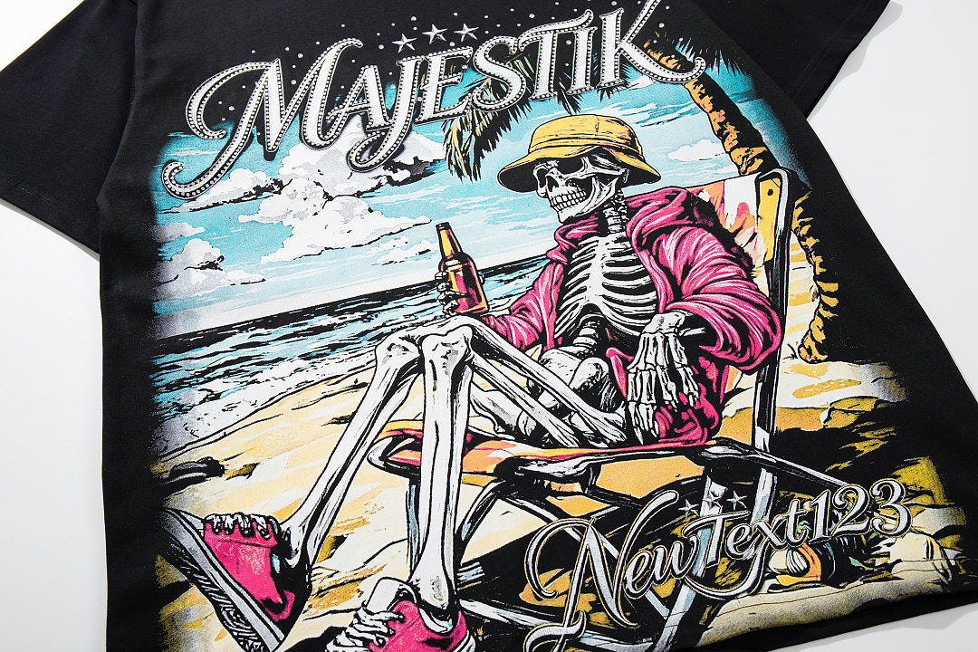 MAJESTIK Vintage Black Majestik Surf Skull Double‑Sided Graphic T‑Shirt