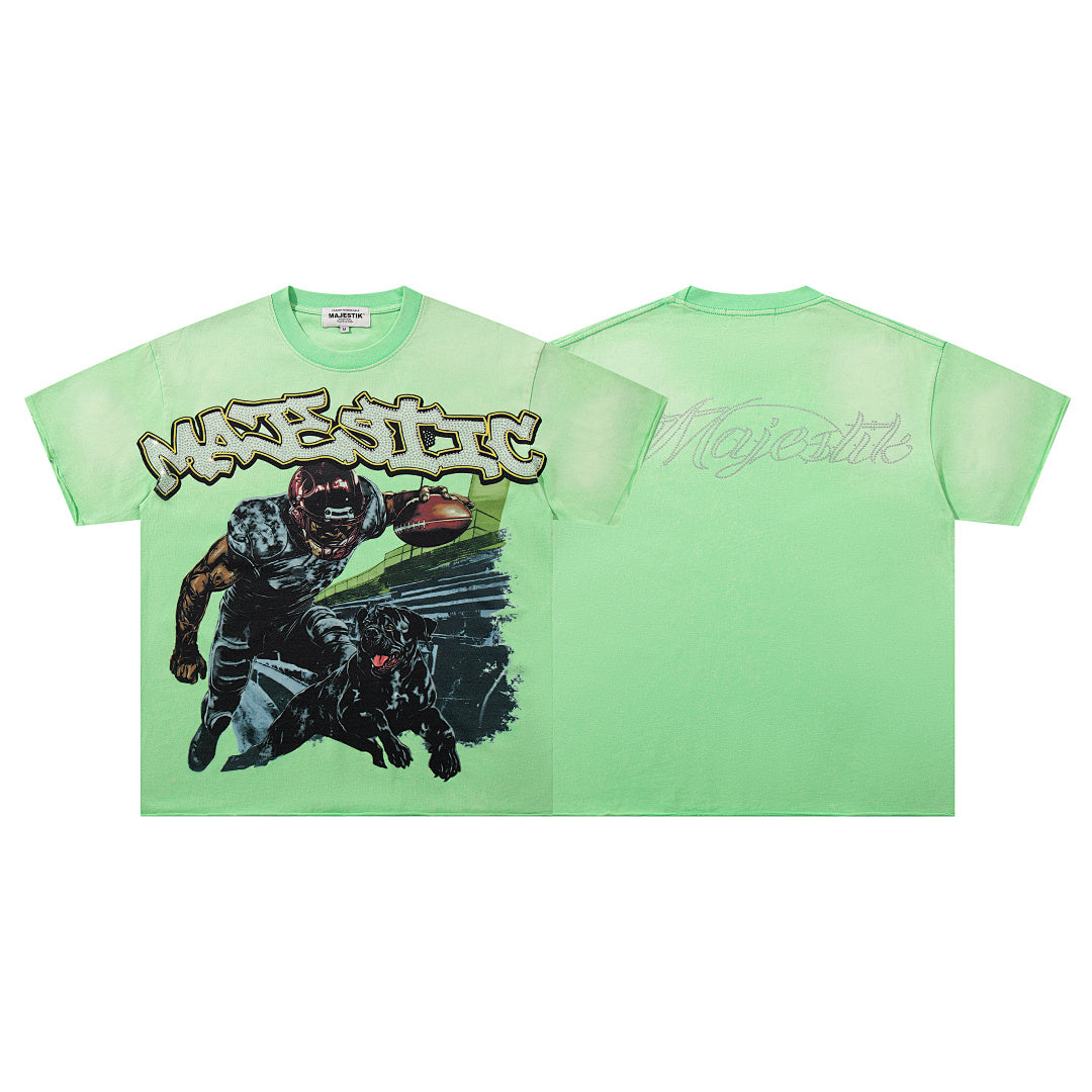 MAJESTIK Light Green Washed Vintage Football Player Double‑Sided Graphic Band‑Style T‑Shirt