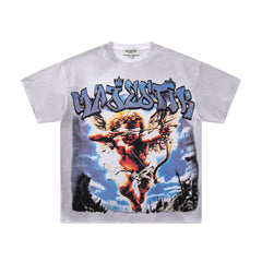 MAJESTIK Off‑White Washed Vintage Angel Mythology Double‑Sided Graphic Band‑Style T‑Shirt