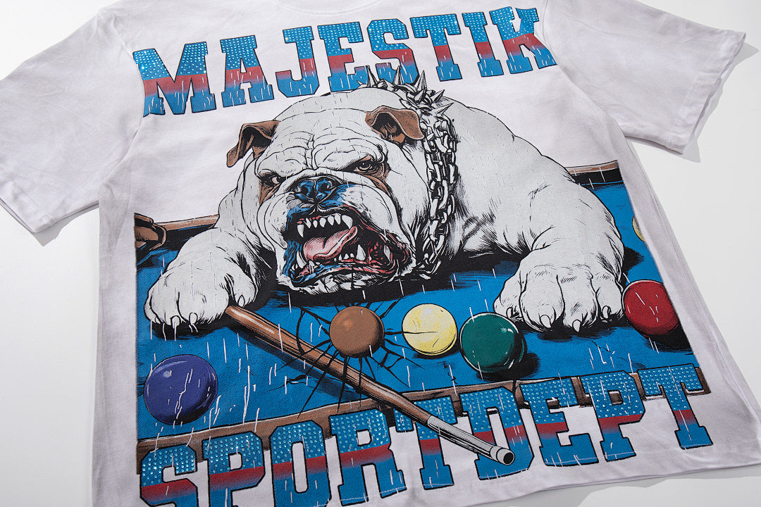MAJESTIK Off‑White Washed Vintage Bulldog Graphic Band‑Style T‑Shirt