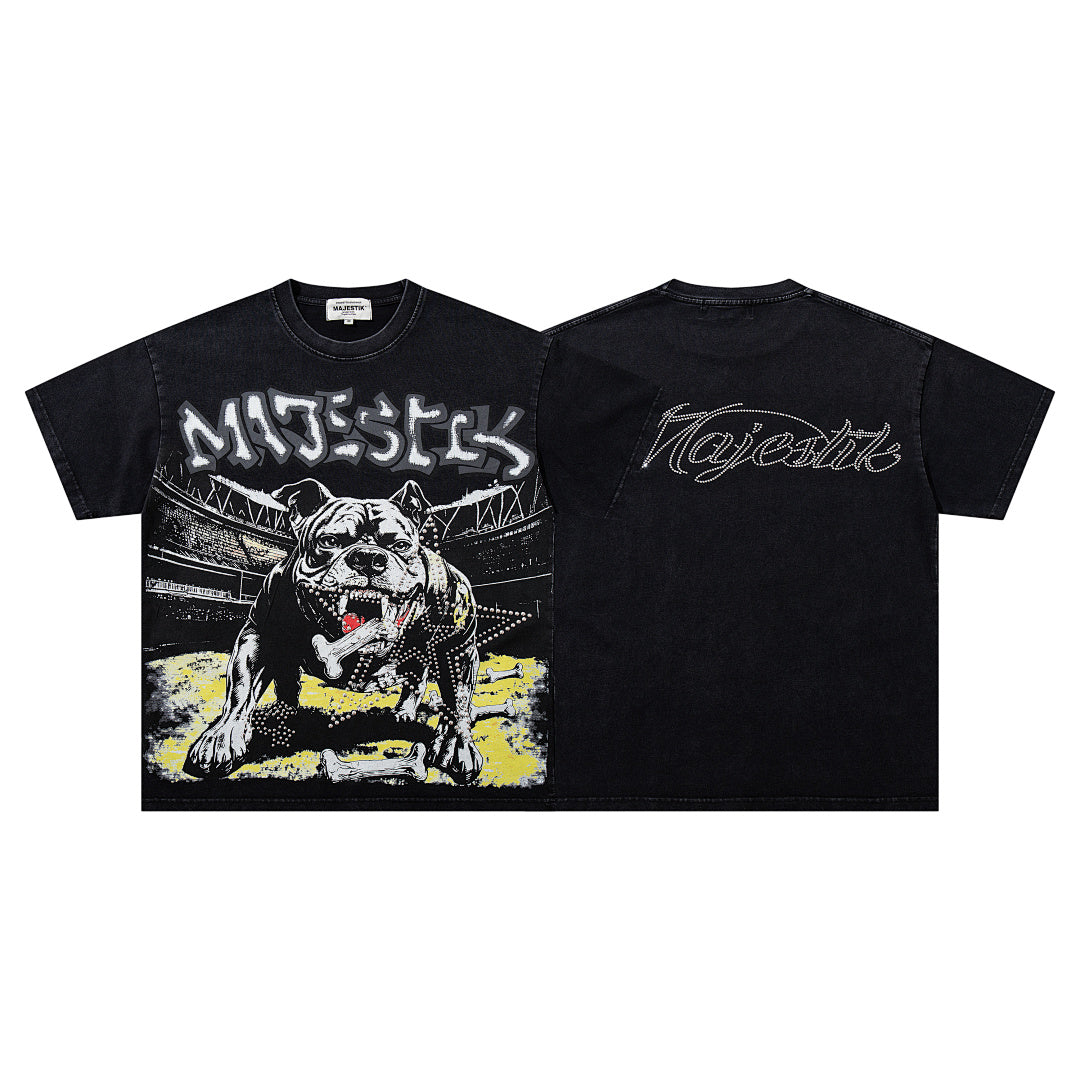 MAJESTIK Black Washed Vintage Roaring Tiger Double‑Sided Graphic Band‑Style T‑Shirt