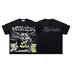 MAJESTIK Black Washed Vintage Roaring Tiger Double‑Sided Graphic Band‑Style T‑Shirt