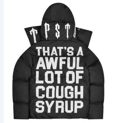 Black Hooded Puffer Jacket Text Graphic Heavy Bubble Coat Streetwear