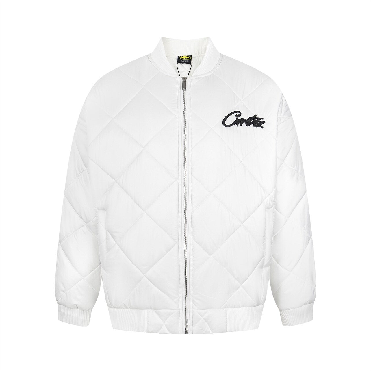 White Diamond Quilted Bomber Jacket Script Logo Streetwear Padded Coat