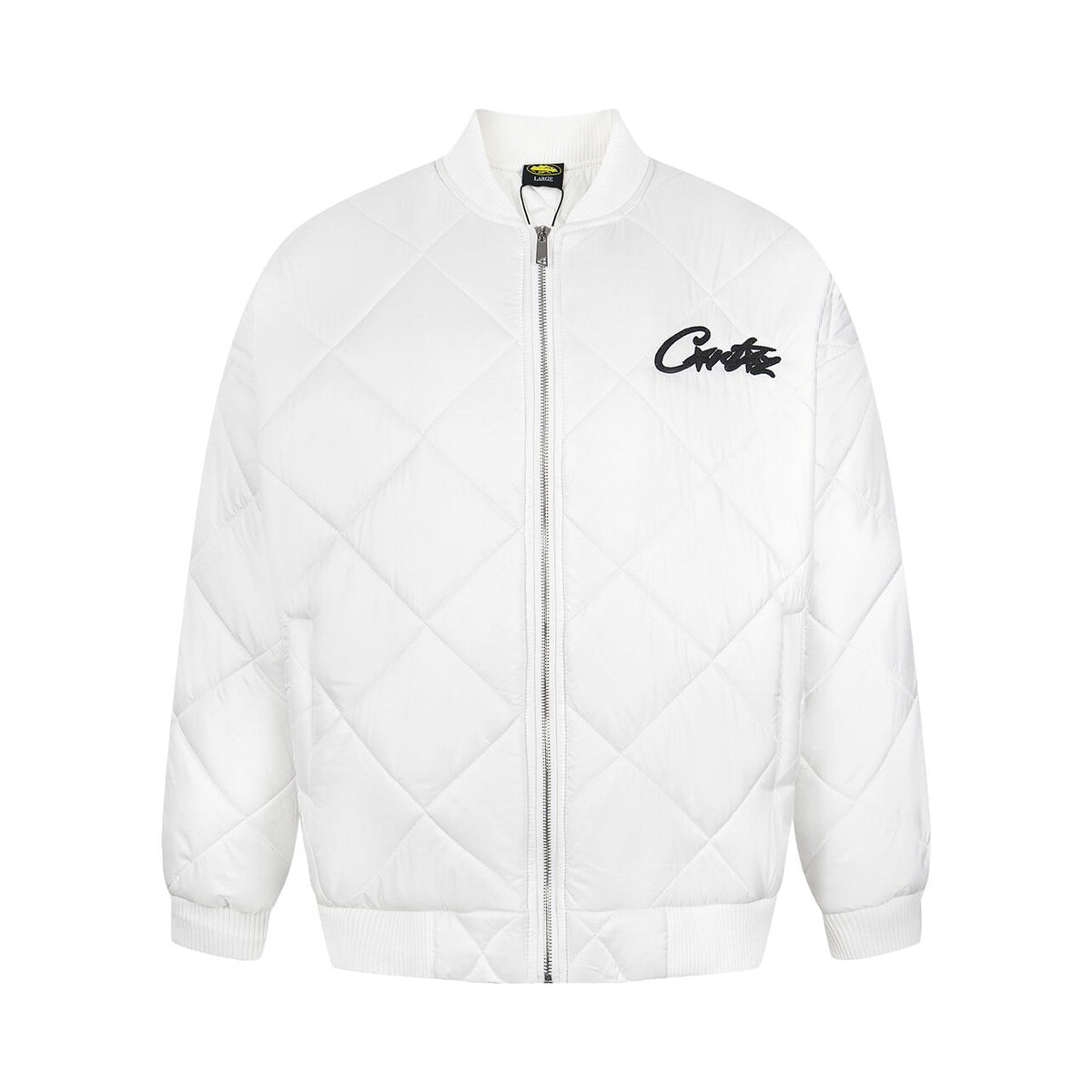 White Diamond Quilted Bomber Jacket Script Logo Streetwear Padded Coat