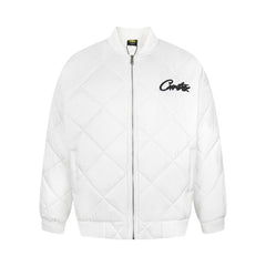 White Diamond Quilted Bomber Jacket Script Logo Streetwear Padded Coat