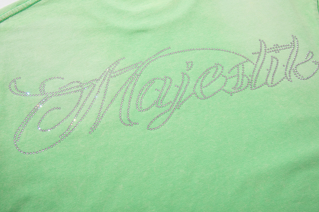 MAJESTIK Light Green Washed Vintage Football Player Double‑Sided Graphic Band‑Style T‑Shirt