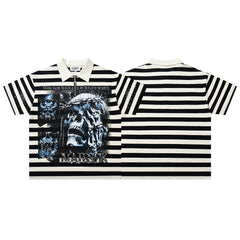 MAJESTIK Black White Stripe Vintage Portrait Graphic Polo Shirt