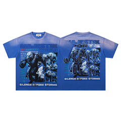 MAJESTIK Blue Washed Vintage Gorilla Band‑Style Graphic T‑Shirt