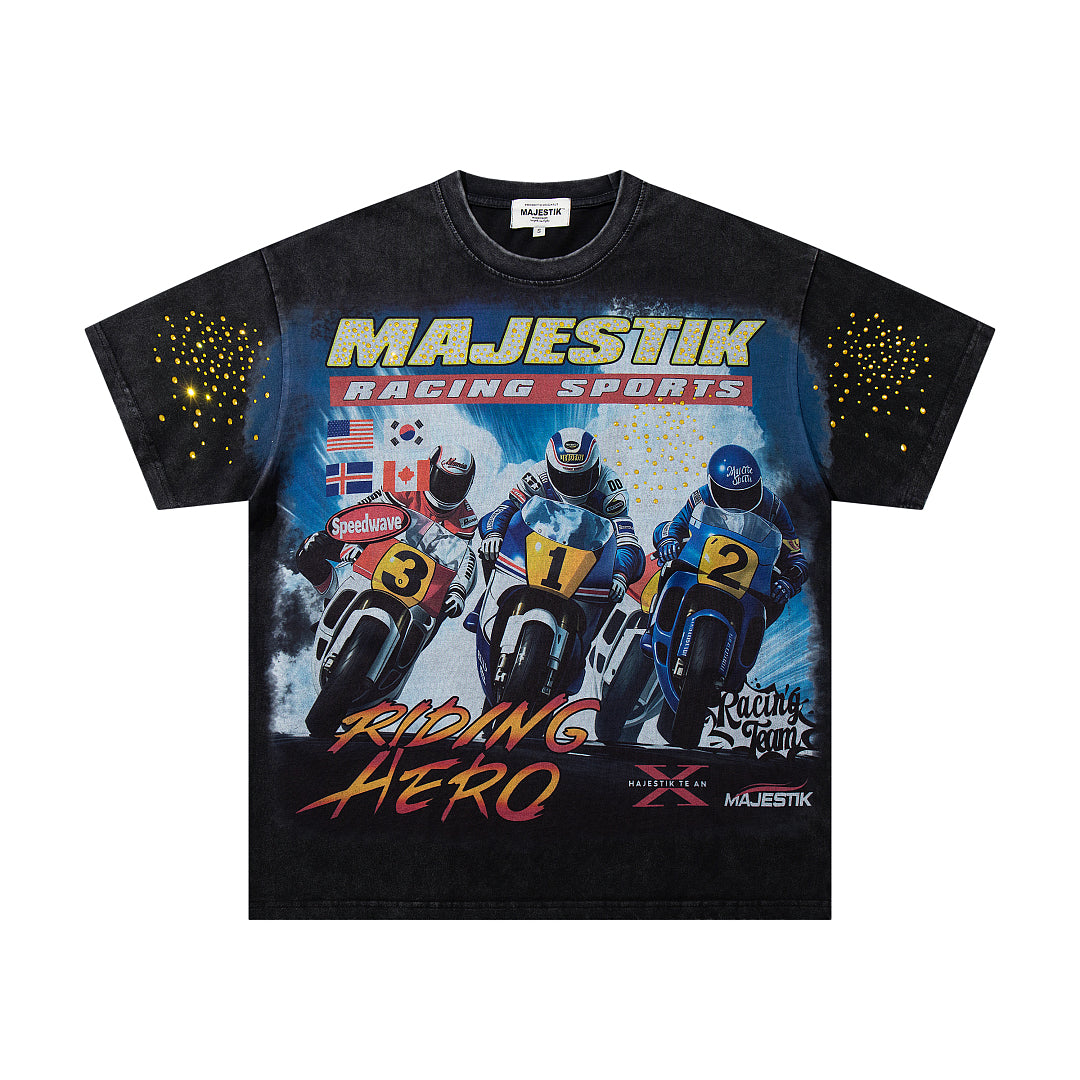 MAJESTIK Hero Motorcycle Rider Vintage Graphic T‑Shirt