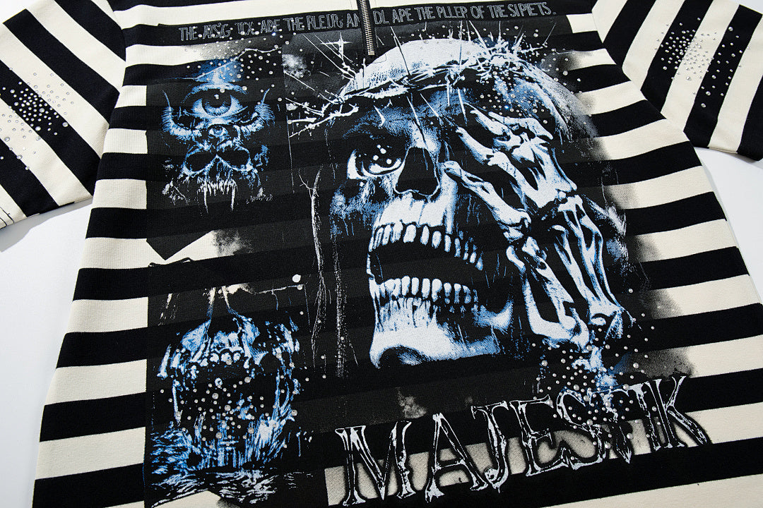 MAJESTIK Black White Stripe Vintage Portrait Graphic Polo Shirt