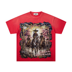 MAJESTIK Red Washed Vintage Western Cowboy Double‑Sided Graphic Band‑Style T‑Shirt