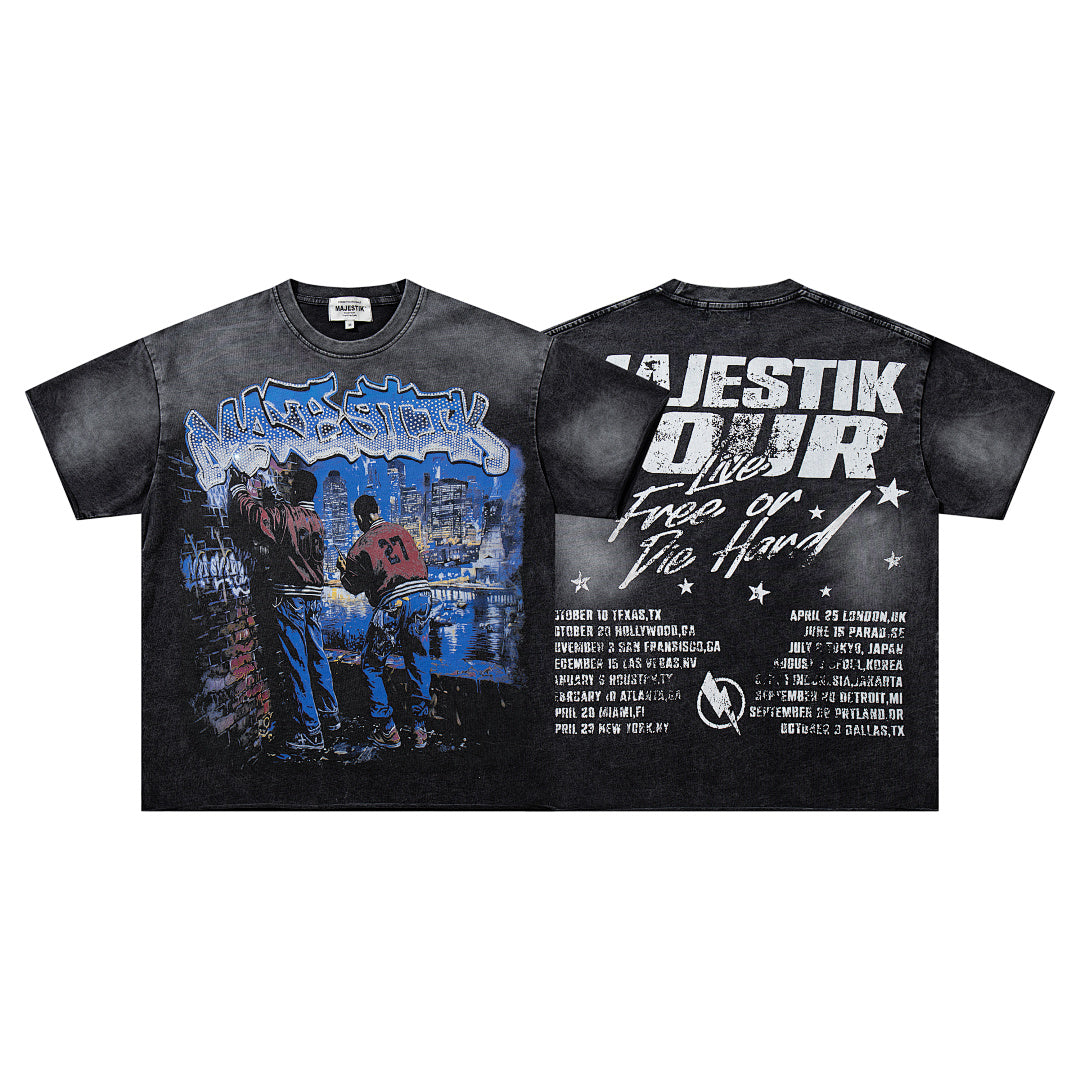 MAJESTIK Black Washed Vintage Band Tour Double‑Sided Graphic Band‑Style T‑Shirt