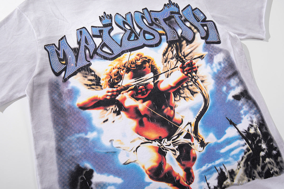 MAJESTIK Off‑White Washed Vintage Angel Mythology Double‑Sided Graphic Band‑Style T‑Shirt