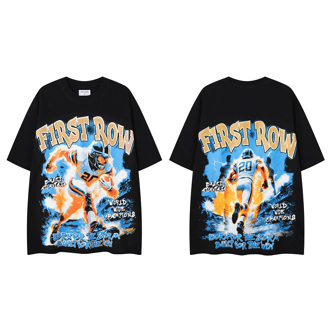 MAJESTIK Vintage Black FIRST ROW Football Player Double‑Sided Graphic T‑Shirt