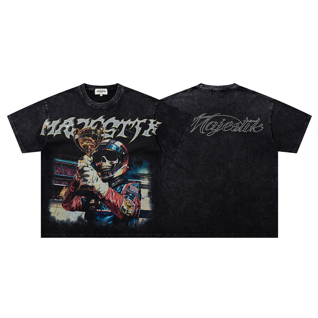 MAJESTIK Black Washed Vintage Mask‑Figure Double‑Sided Graphic Band‑Style T‑Shirt