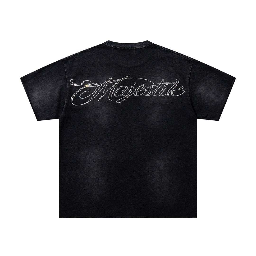 MAJESTIK Black Washed Vintage Knight‑Horse Double‑Sided Graphic Band‑Style T‑Shirt