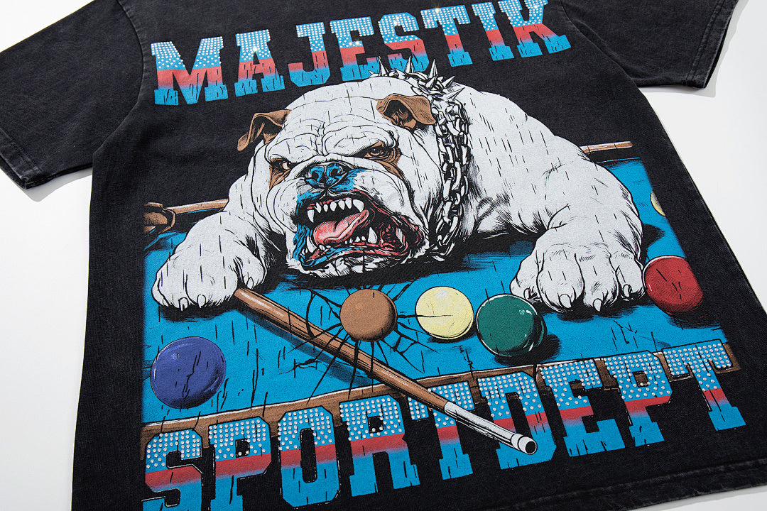 MAJESTIK Black Washed Vintage Bulldog Graphic Band‑Style T‑Shirt