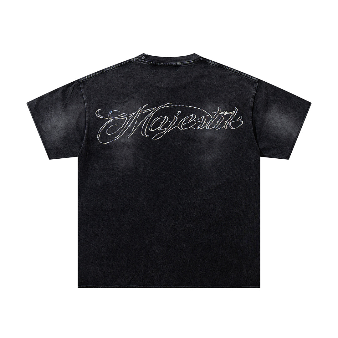 MAJESTIK Black Washed Vintage Eagle Raptor Double‑Sided Graphic Band‑Style T‑Shirt