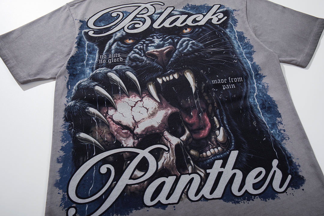 MAJESTIK Washed Grey Black Panther Vintage Graphic T‑Shirt