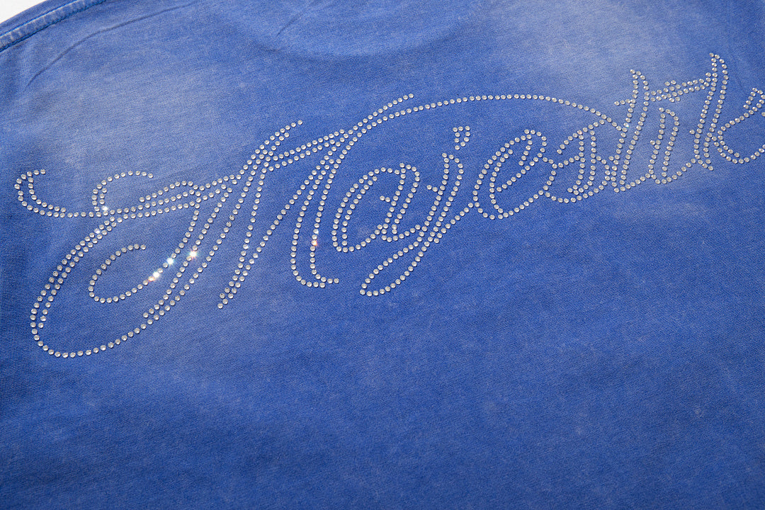 MAJESTIK Blue Washed Vintage Skeleton City Tour Graphic Band‑Style T‑Shirt