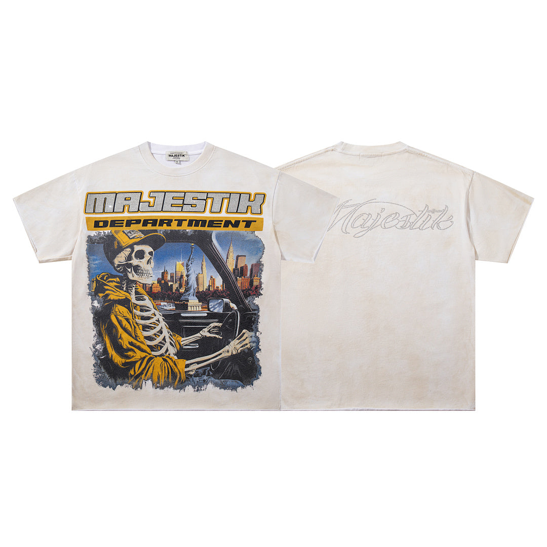 MAJESTIK Off‑White Washed Vintage Skeleton City Tour Graphic Band‑Style T‑Shirt