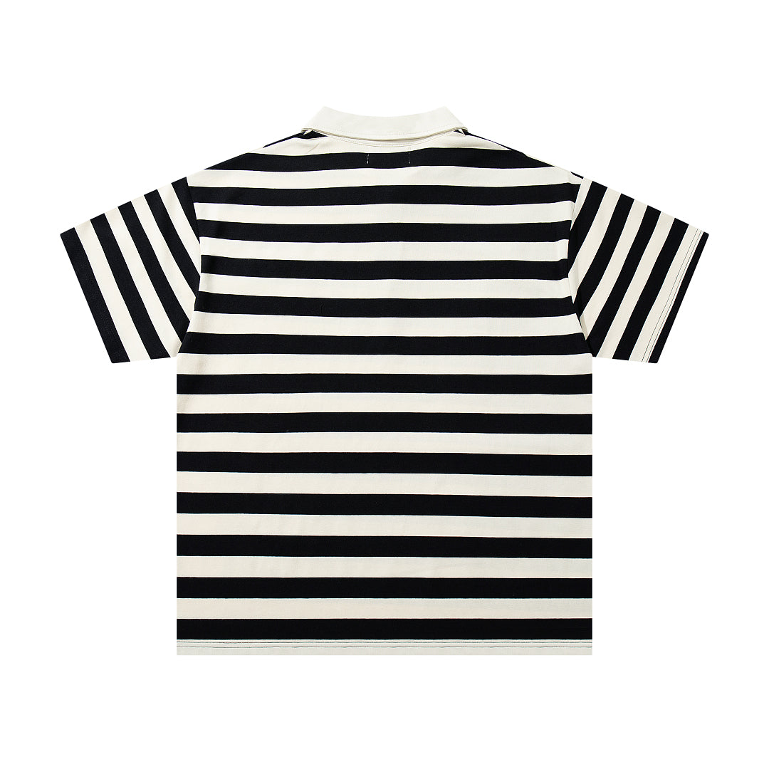 MAJESTIK Black White Stripe Vintage Portrait Graphic Polo Shirt
