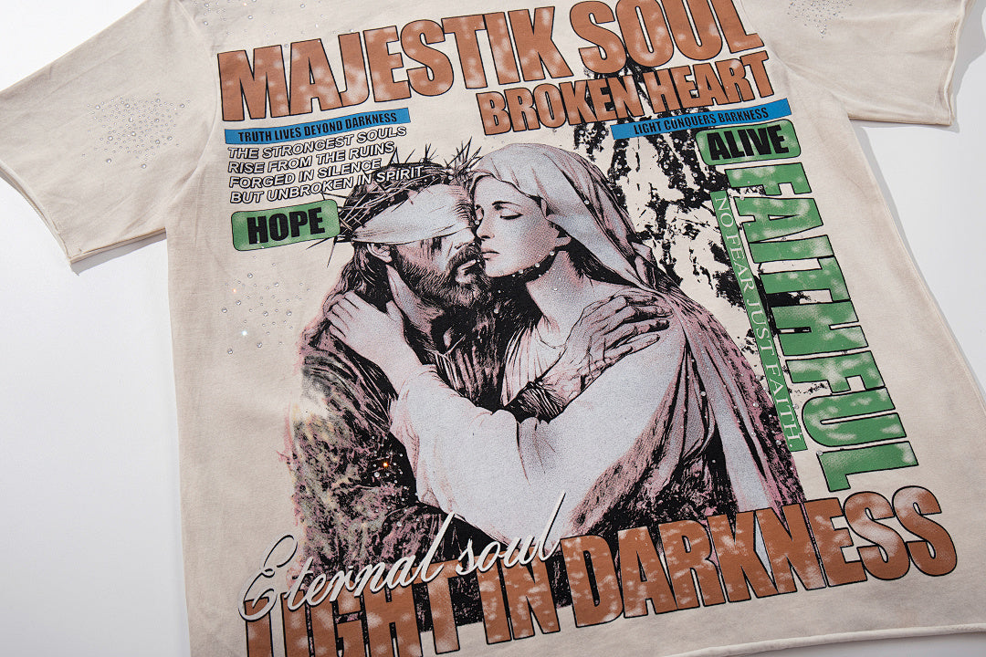 MAJESTIK Khaki Washed Vintage Portrait Band‑Style Graphic T‑Shirt