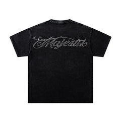 MAJESTIK Black Washed Vintage Motorcycle Racing Graphic Band‑Style T‑Shirt