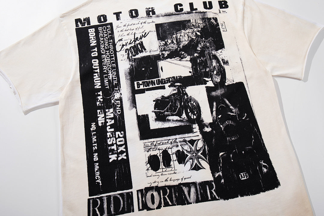 MAJESTIK Off‑White Washed Vintage Black‑White Collage Band‑Style Graphic T‑Shirt