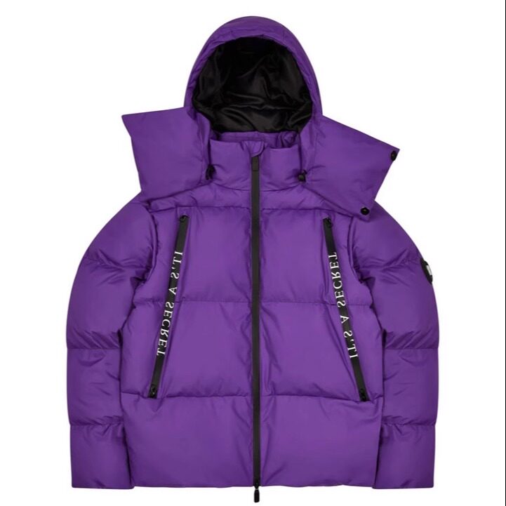 Purple Hooded Puffer Jacket Text Graphic Heavy Bubble Coat Streetwear