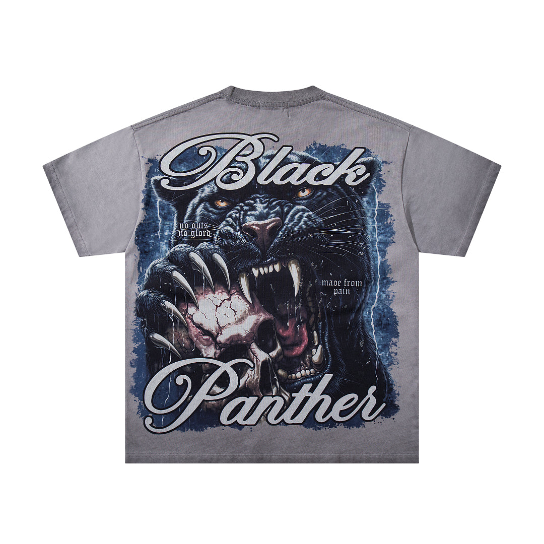 MAJESTIK Washed Grey Black Panther Vintage Graphic T‑Shirt
