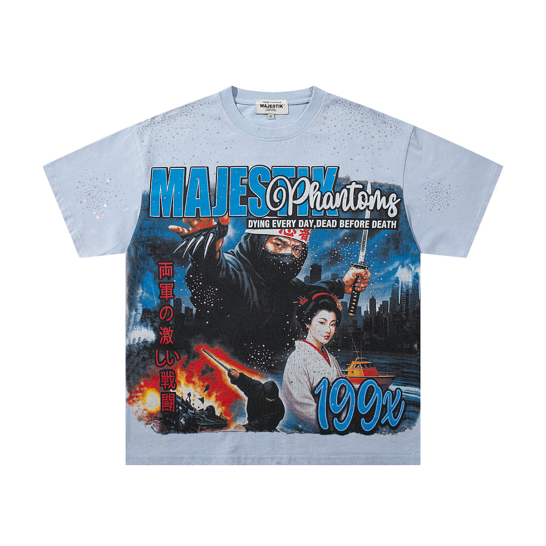 MAJESTIK Light Blue Washed 199X Phantom Vintage Graphic T‑Shirt
