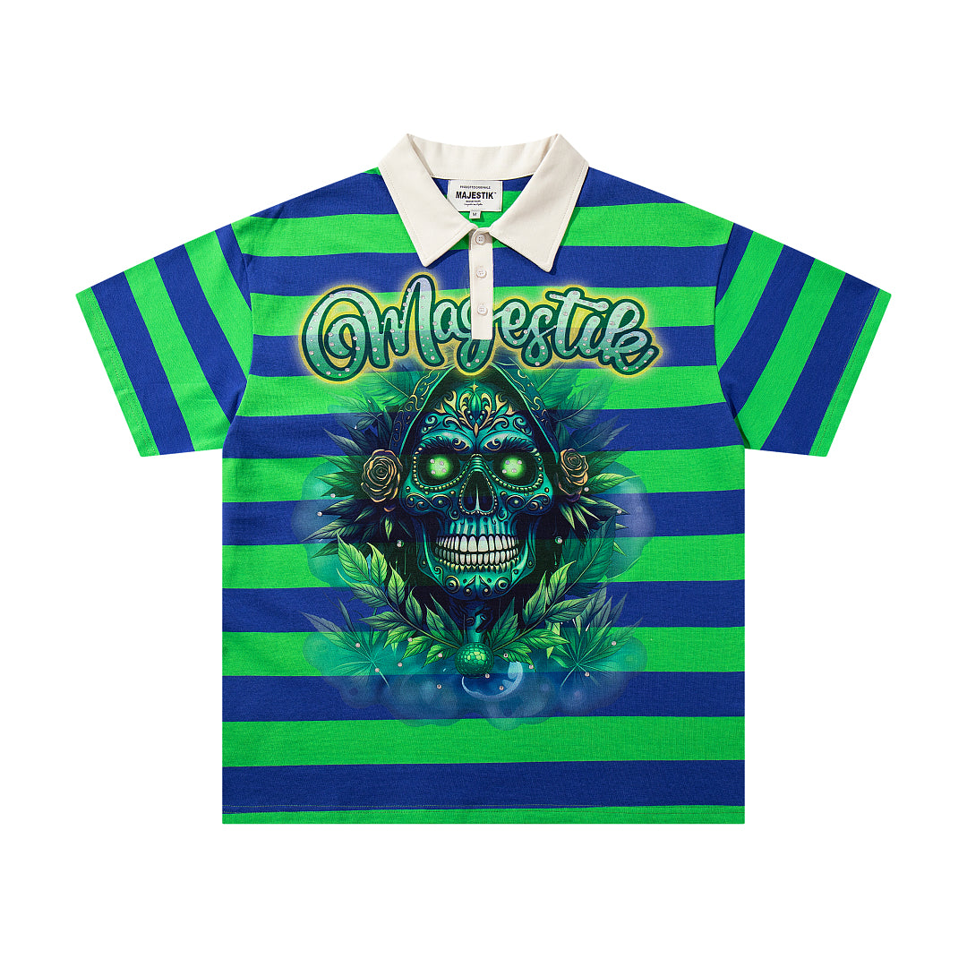 MAJESTIK Green Blue Stripe Monster Graphic Vintage Polo Shirt