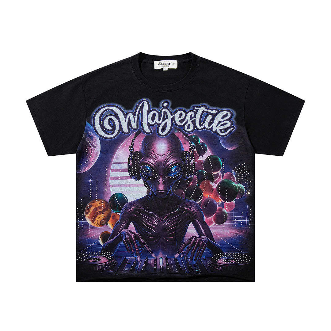 MAJESTIK Black Vintage Sci‑Fi Alien Mecha Band‑Style Graphic T‑Shirt